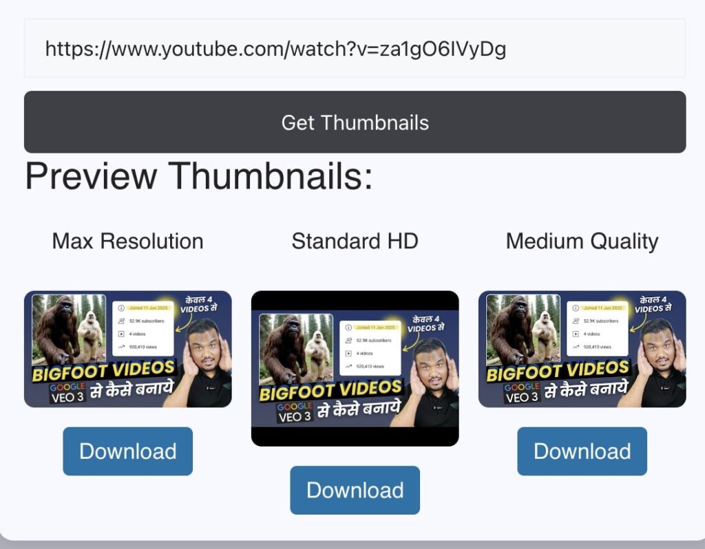 Select the desired resolution (HD, SD, etc.) and click on download to save the image on your device.